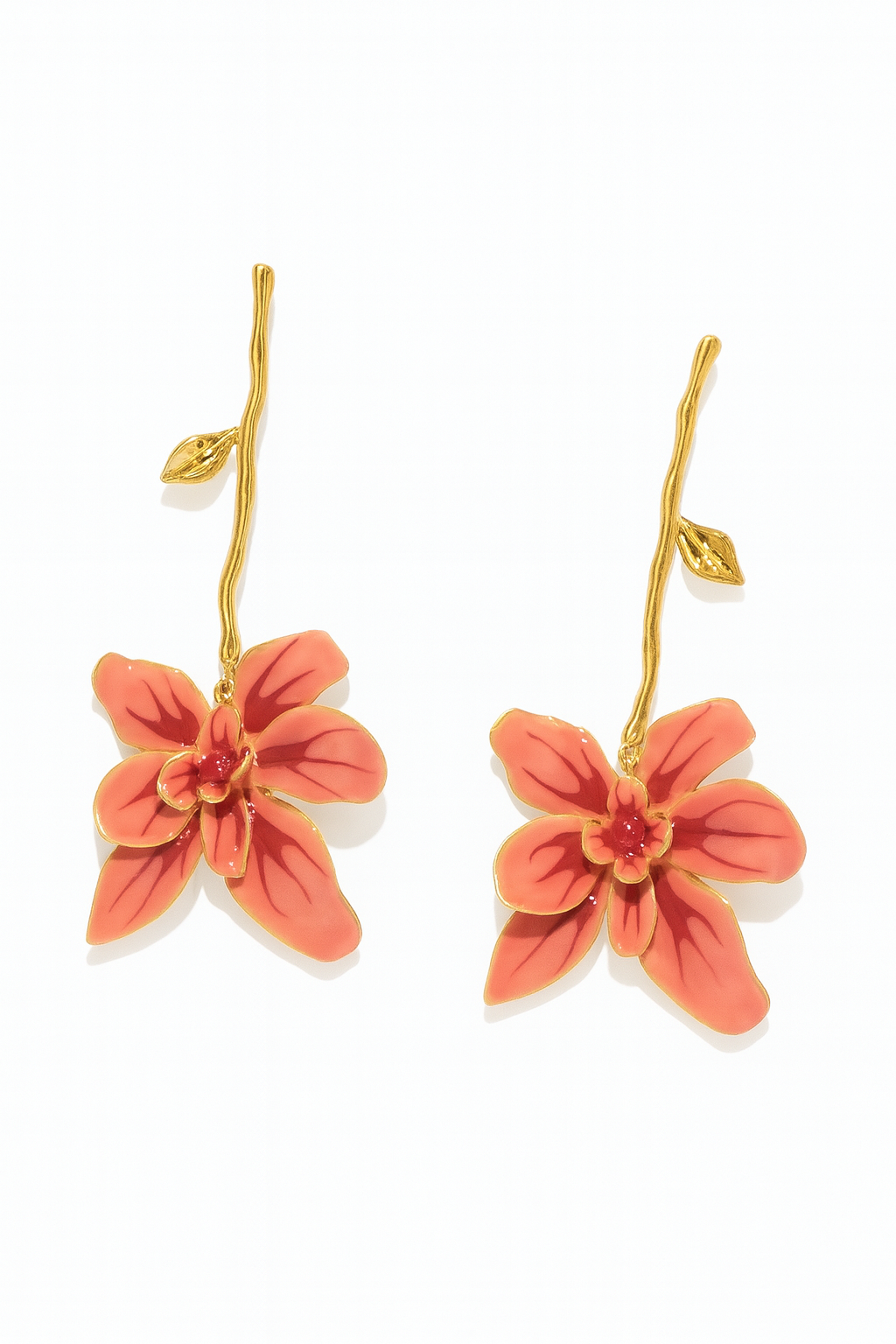 Coral Orchid Flower Drop Earrings