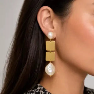 Golden Squares Pearl Earring