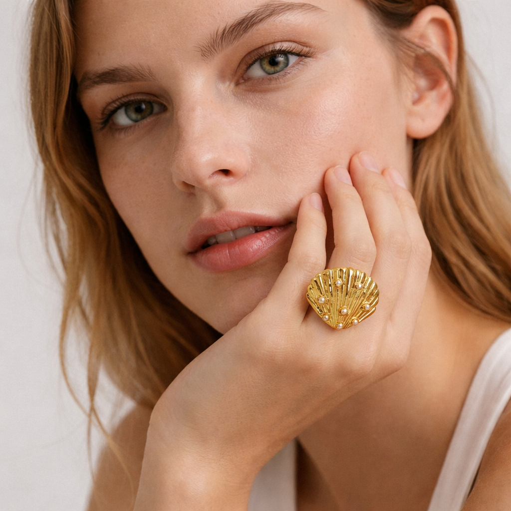 Golden Shell Pearl Ring