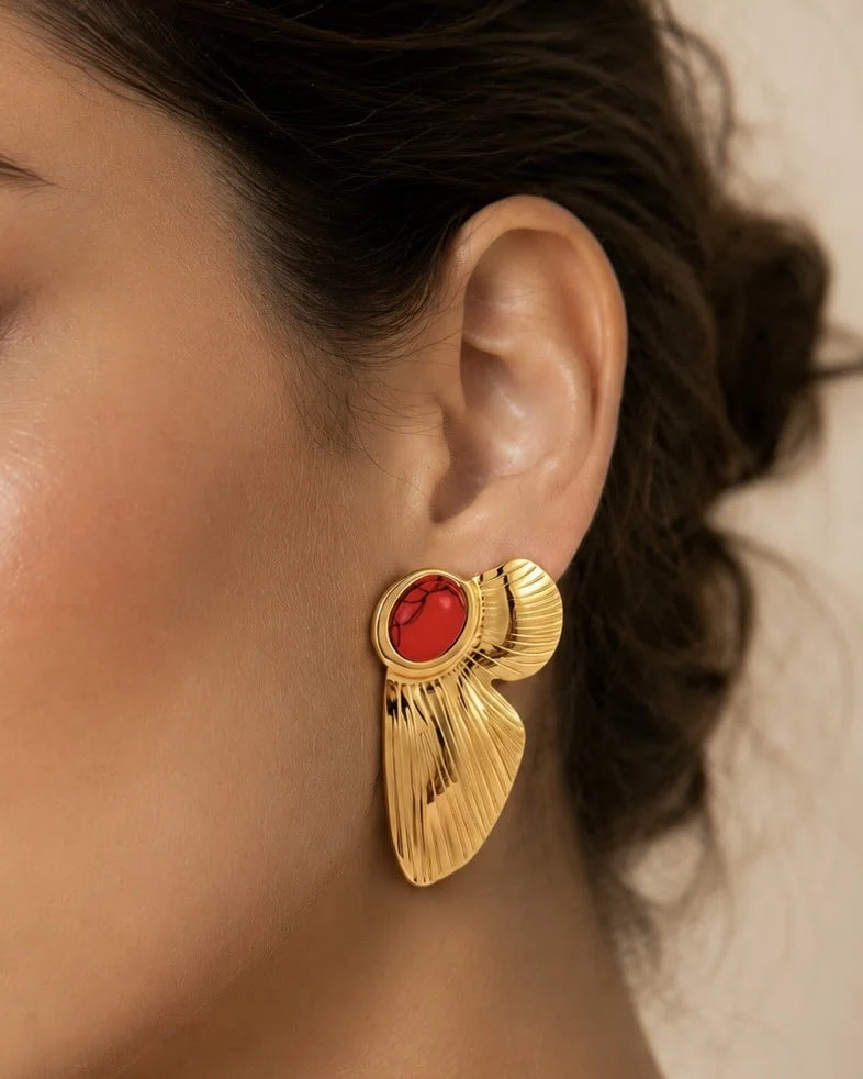 Earring Red Stone Leaf