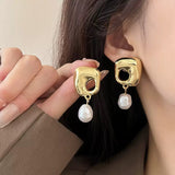 Golden Hollow Pearl Drop Earrings