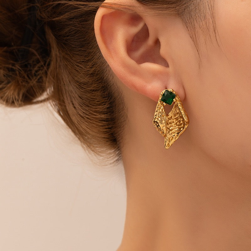 Golden Emerald Leaf Earrings