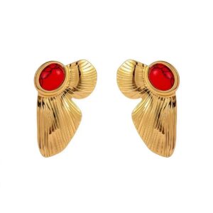 Earring Red Stone Leaf